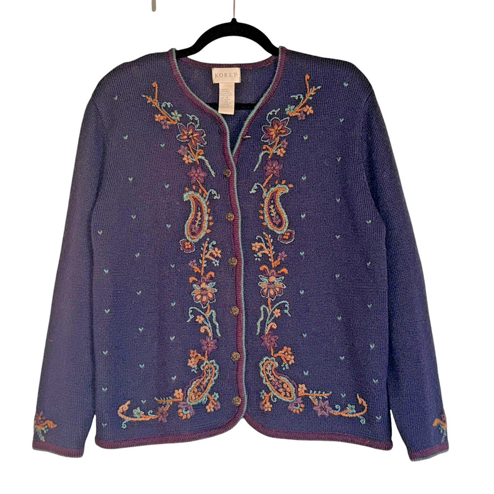 Vintage Koret Sz M Wool Blend Cardigan Embroidered Beaded Paisley‎ Floral